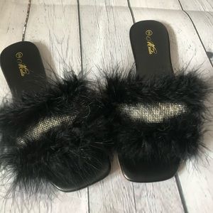 Faux feather and rhinestone sandals